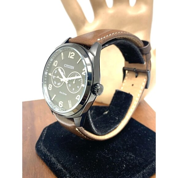 Citizen Men's Watch AO9028-07E Eco-Drive Black Dial Brown Leather Strap 43mm - Picture 15 of 15